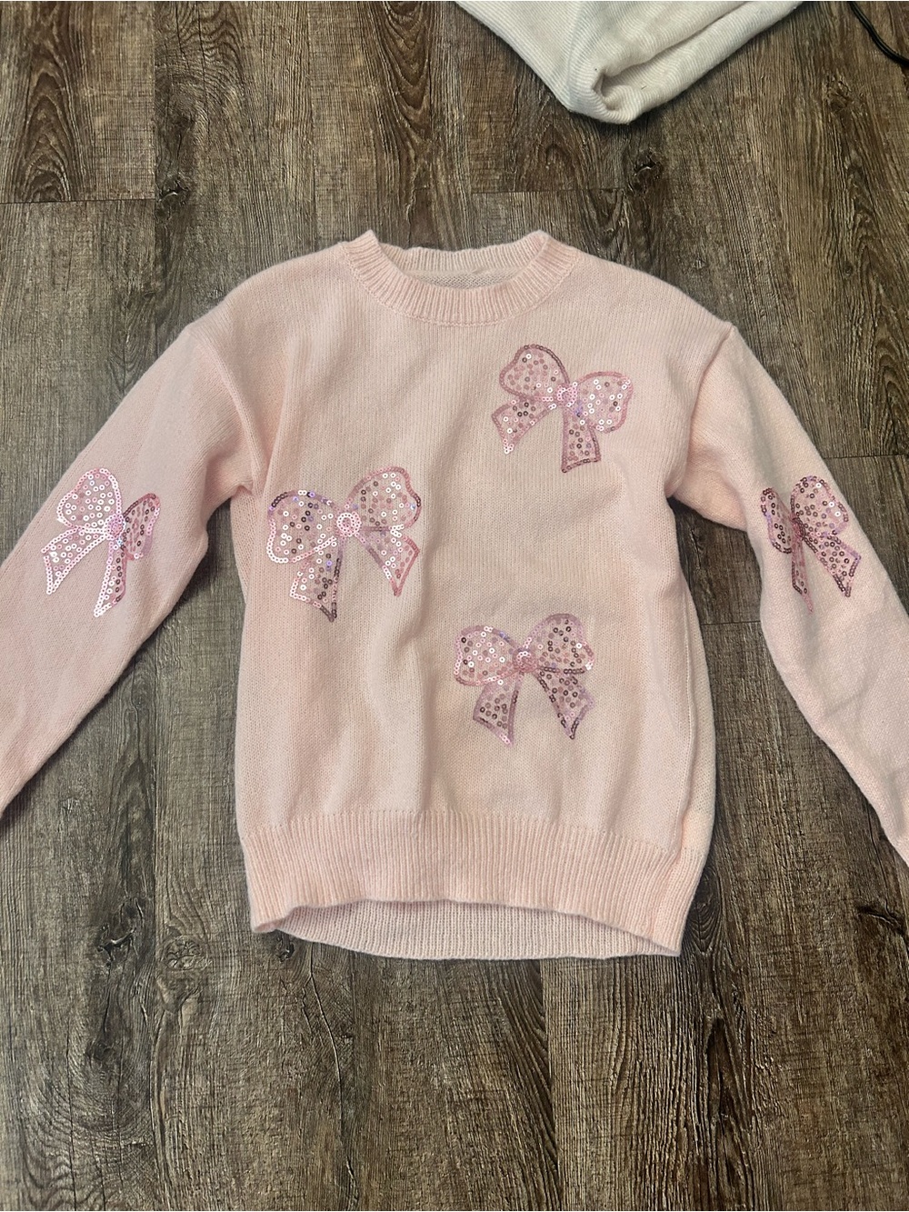 SHEIN Light Pink Sequin Bow Crewneck Sweater